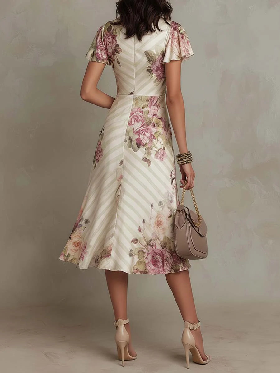 Margaret™ | Vintage Floral Satin Midi Dress
