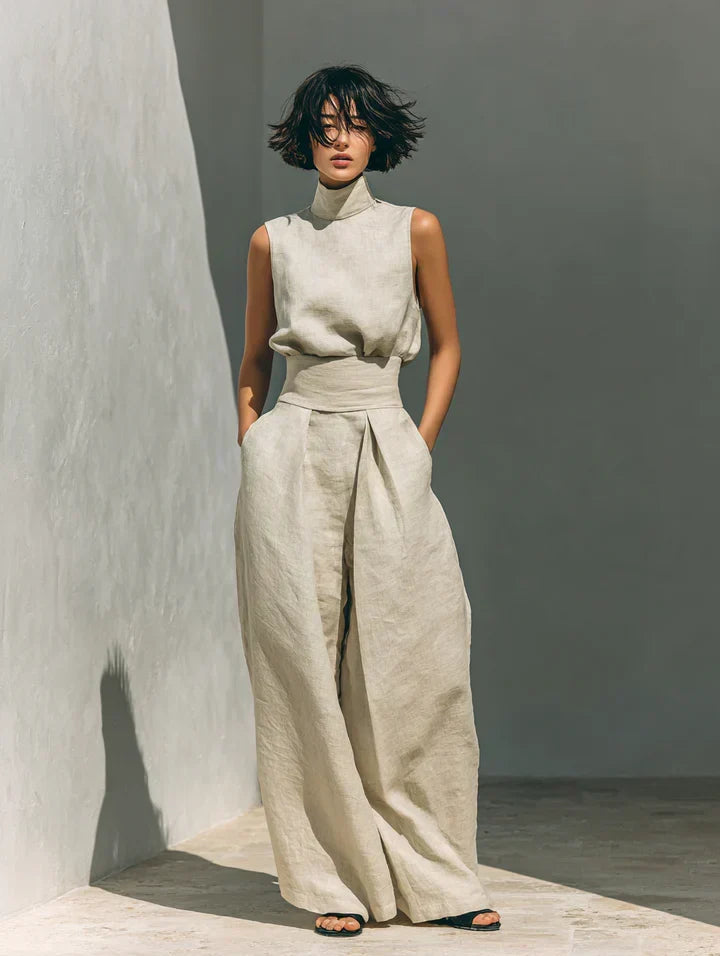 Sleeveless Blouse and Wide-Leg Trousers Set