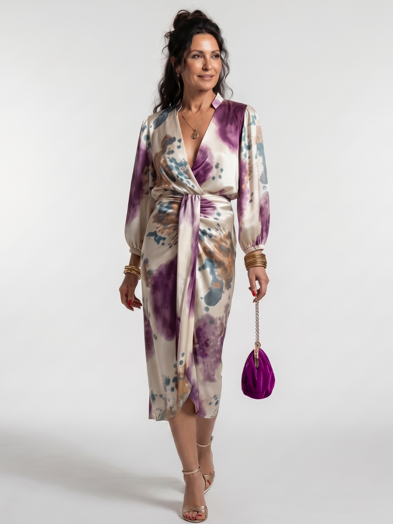 Valentina | Cross Wrap Tie Waist Printed Midi Dress