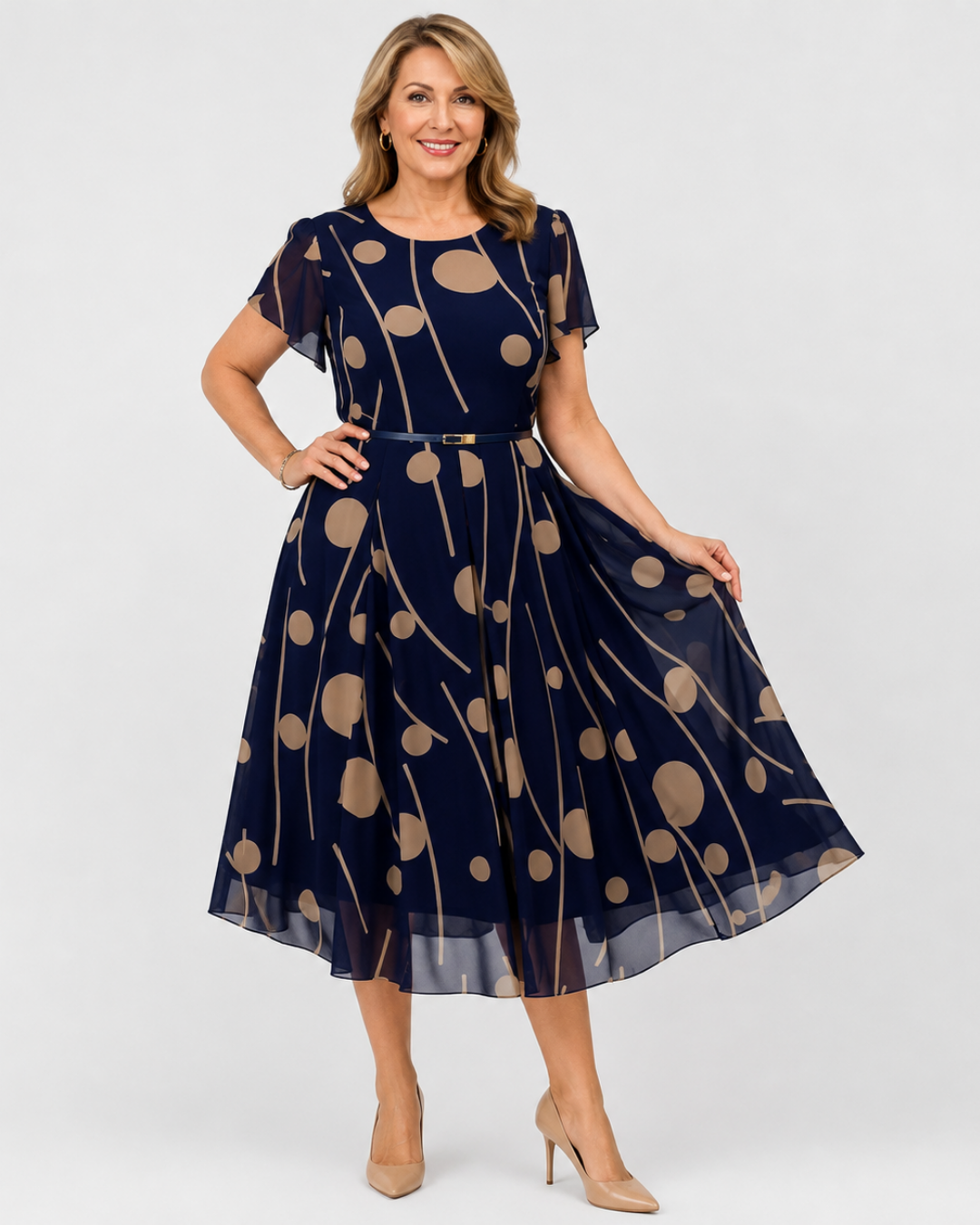 IVY | NAVY POLKA DOT PRINT CHIFFON MIDI DRESS
