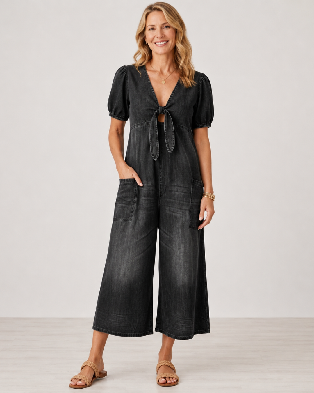 ROWANVALE TIE-FRONT DENIM JUMPSUIT