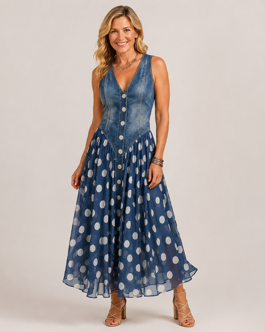 Jasmin - Denim Dress With Polka Dot Chiffon Skirt