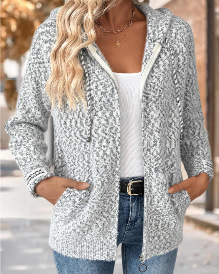 Grey Tummy Coverage Geometric Print Long Sleeve Hooded Cardigan