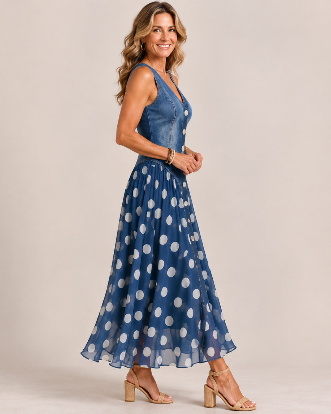 Jasmin - Denim Dress With Polka Dot Chiffon Skirt