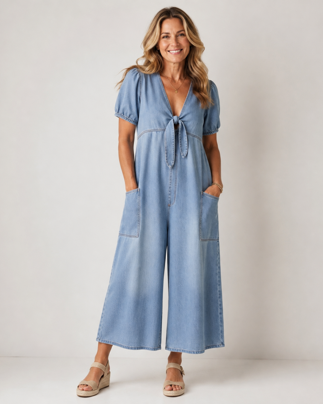ROWANVALE TIE-FRONT DENIM JUMPSUIT