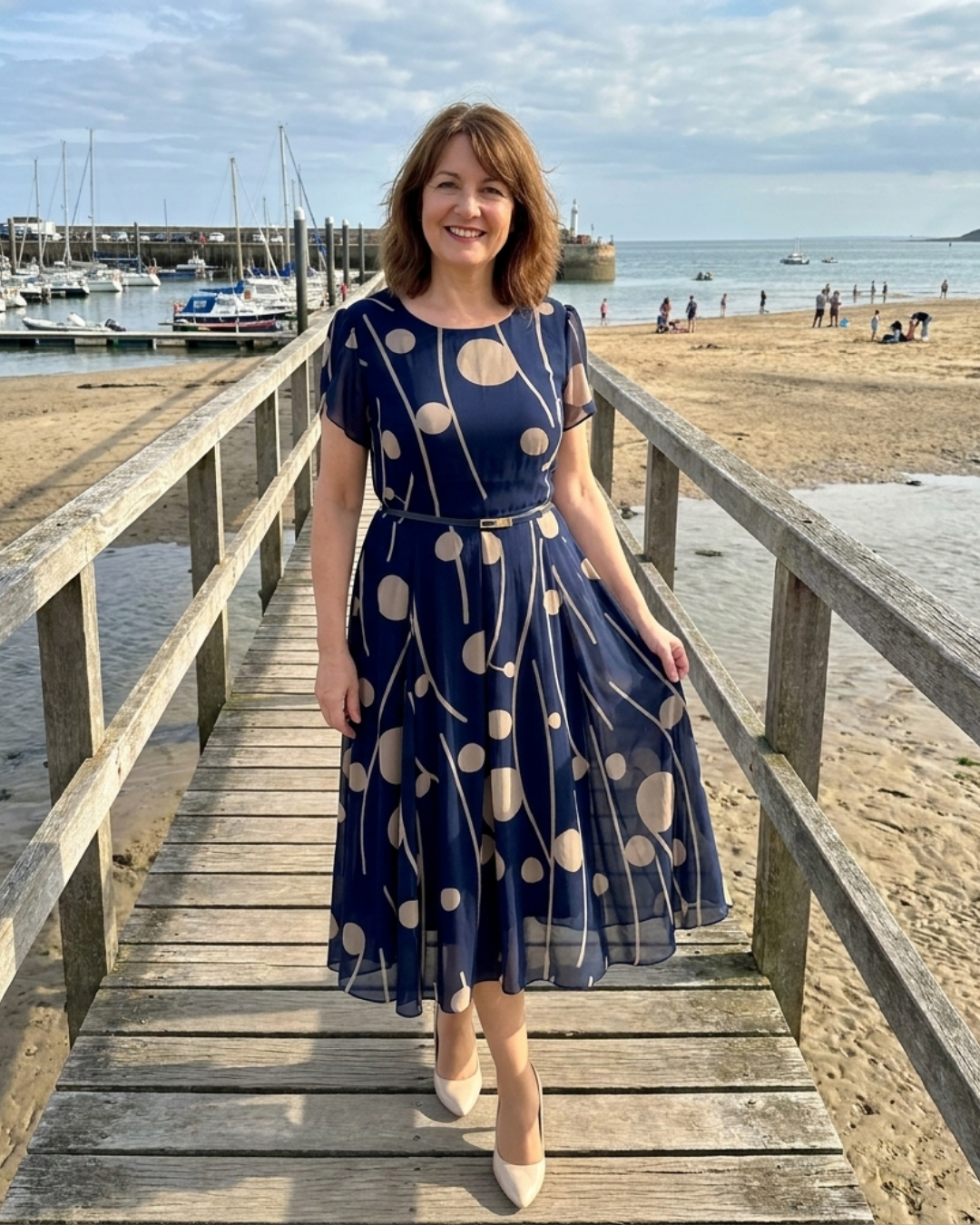 IVY | NAVY POLKA DOT PRINT CHIFFON MIDI DRESS
