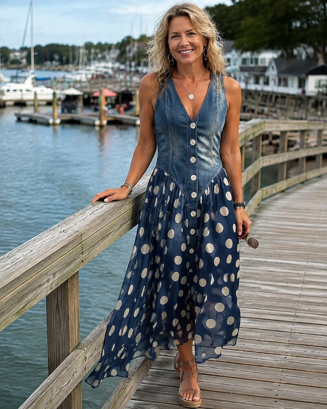 Jasmin - Denim Dress With Polka Dot Chiffon Skirt