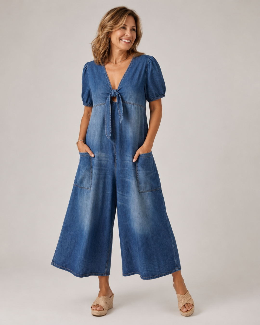 ROWANVALE TIE-FRONT DENIM JUMPSUIT