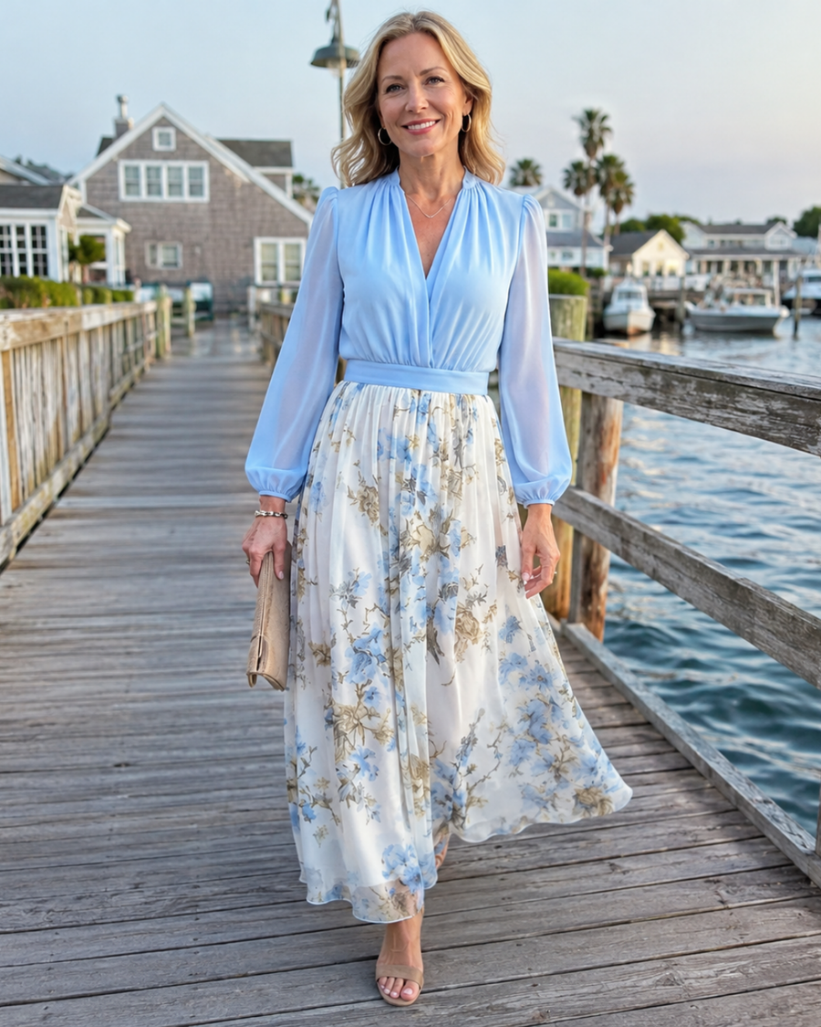Augusta | V-Neck Sheer Bodice Floral Maxi Dress