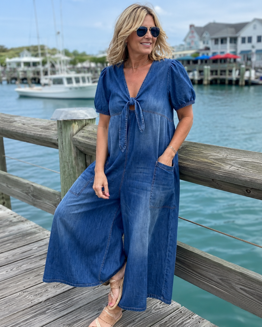 ROWANVALE TIE-FRONT DENIM JUMPSUIT