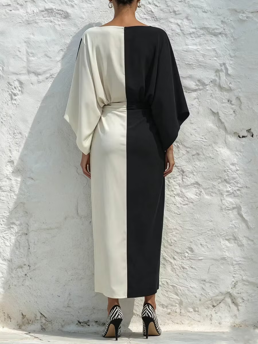 Two-piece set with a contrasting white and black top and midi skirt