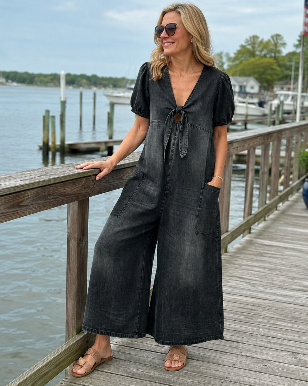 ROWANVALE TIE-FRONT DENIM JUMPSUIT