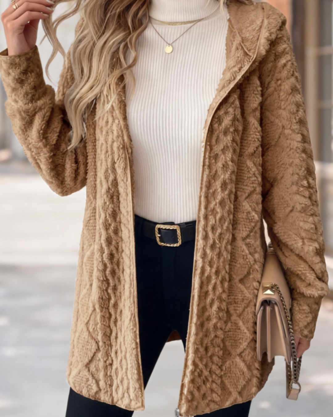 Beige Tummy Coverage Long Sleeve Hooded Coat