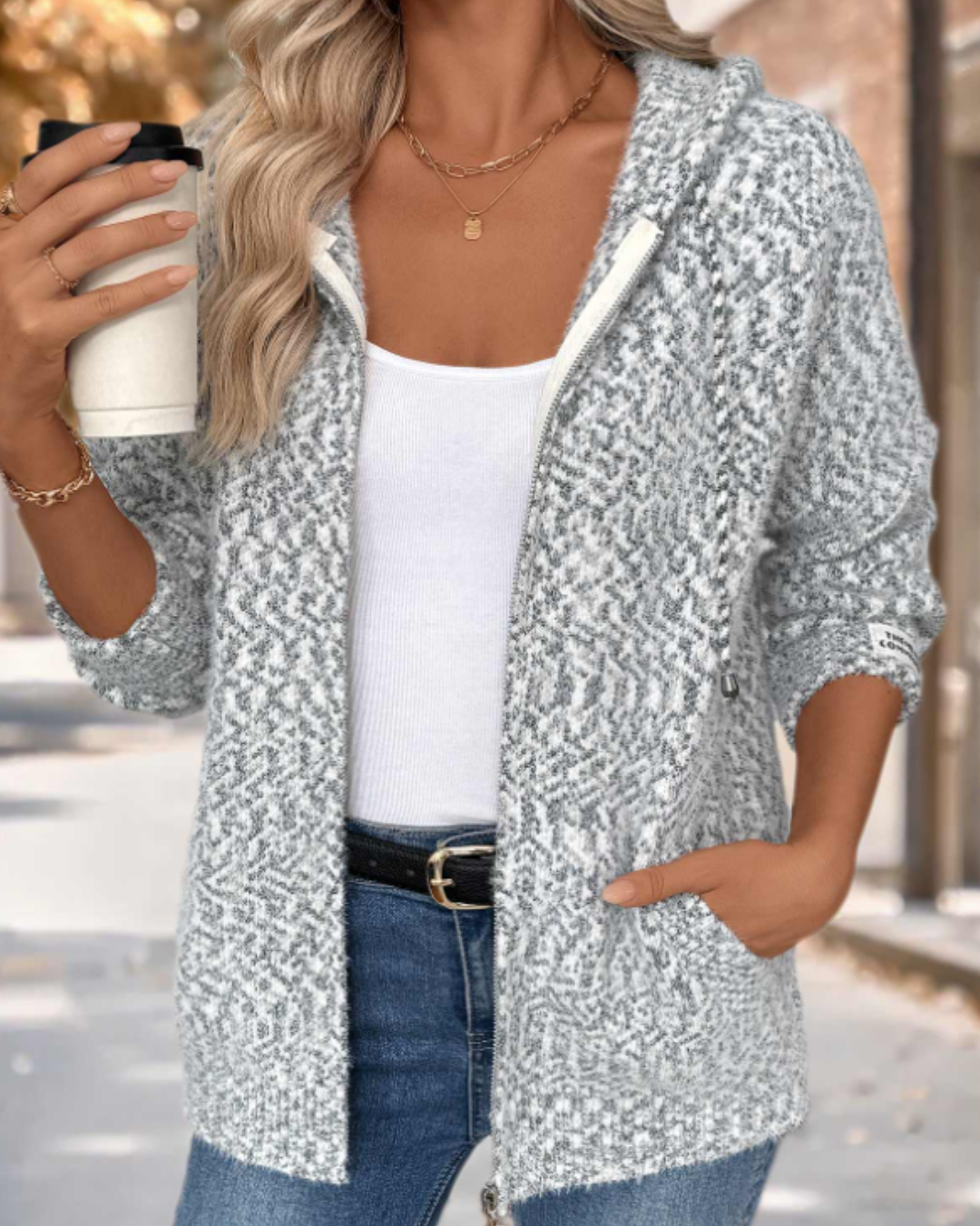 Grey Tummy Coverage Geometric Print Long Sleeve Hooded Cardigan