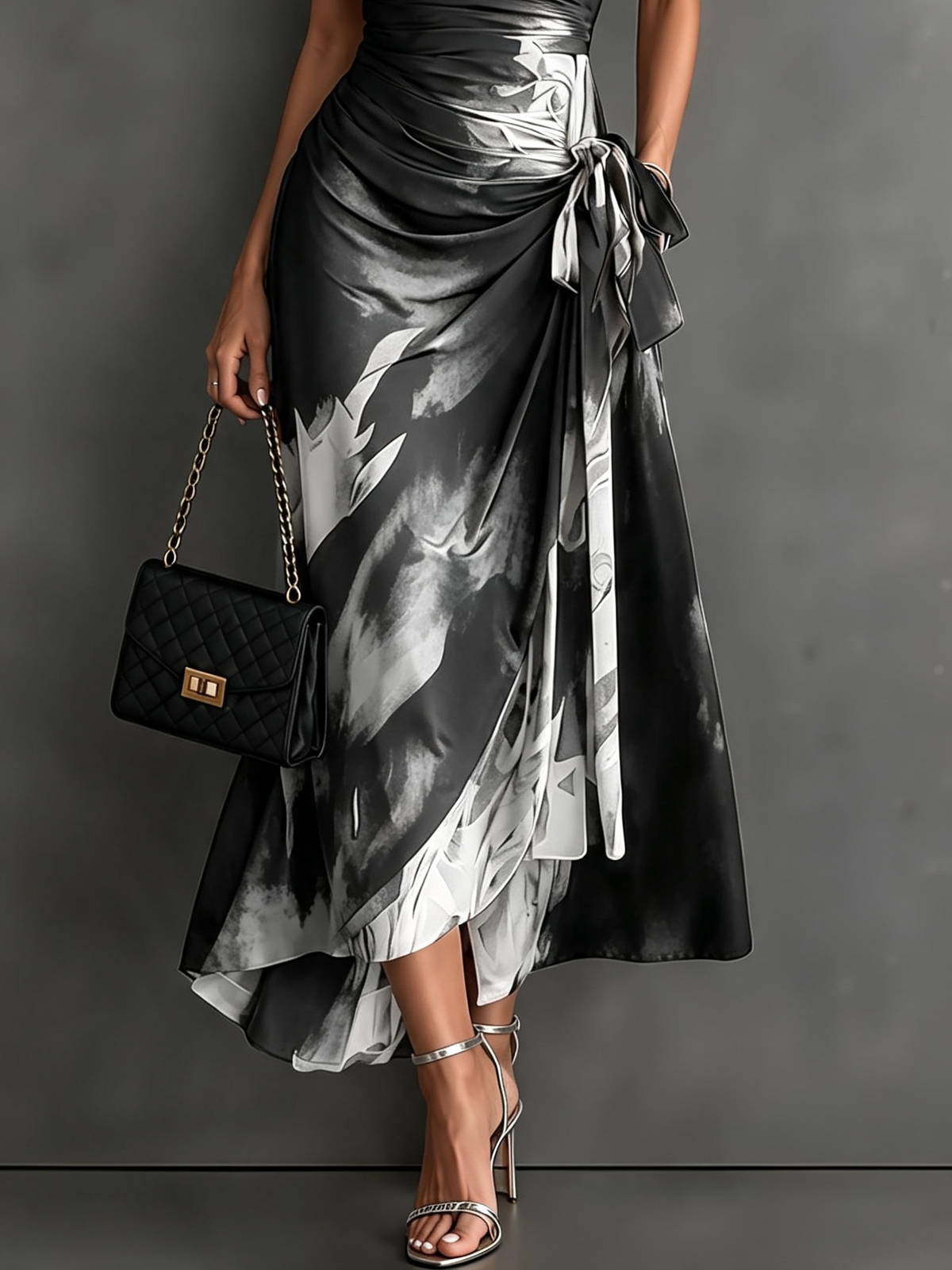 Red and Black Abstract Print Wrap Midi Dress, V-Neck Collared, Short Sleeve, Tie Waist, Asymmetrical Hem with Ruffles