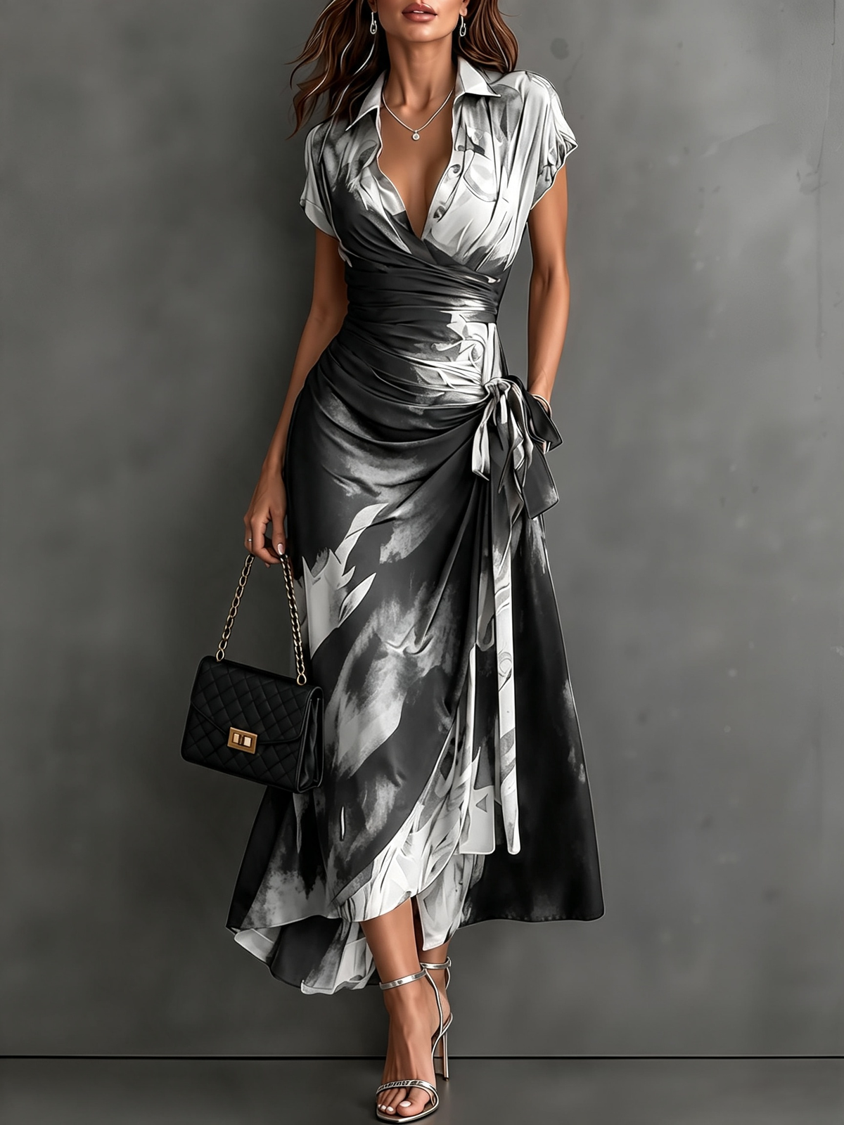 Red and Black Abstract Print Wrap Midi Dress, V-Neck Collared, Short Sleeve, Tie Waist, Asymmetrical Hem with Ruffles