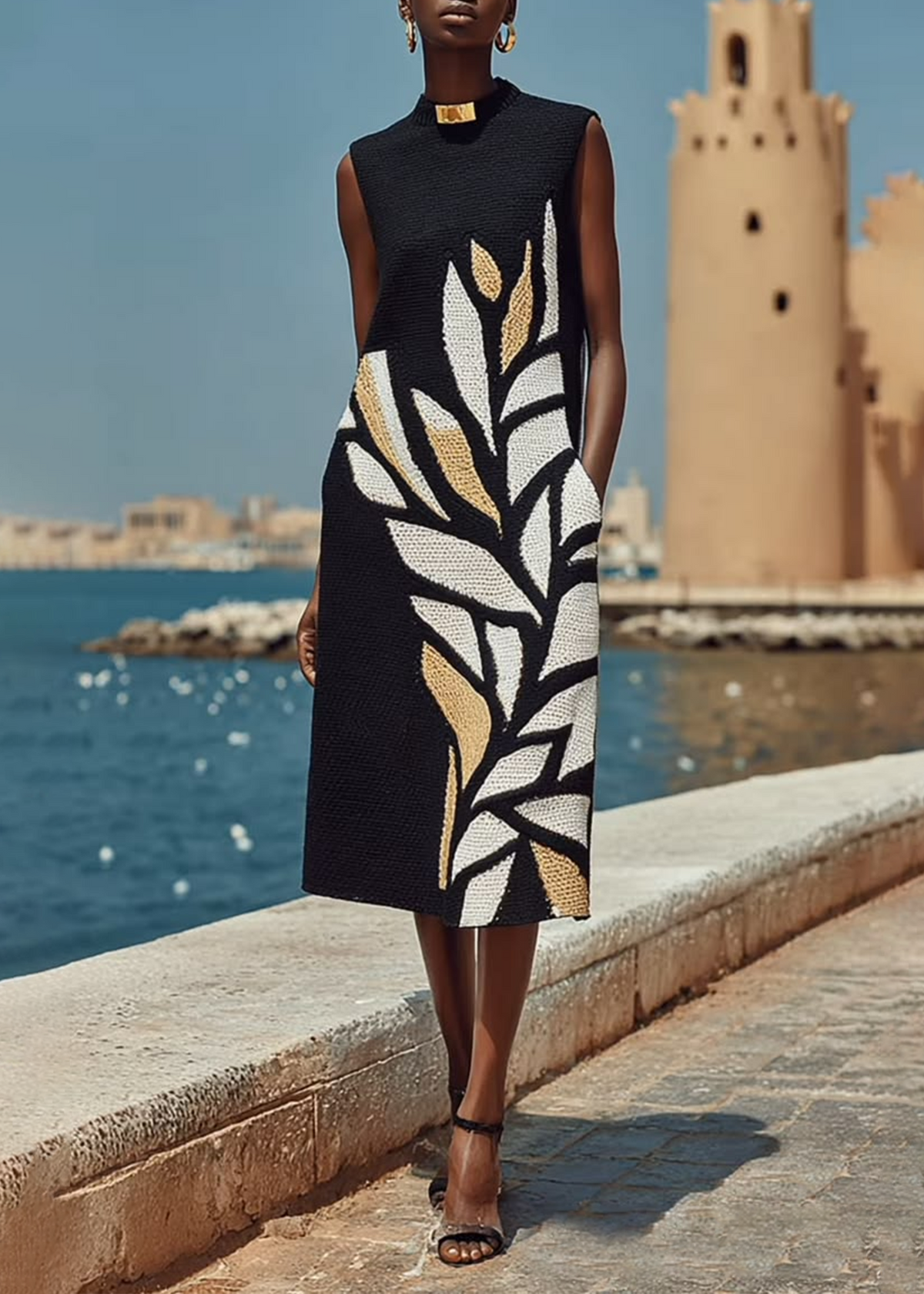 black-sleeveless-midi-dress-with-print