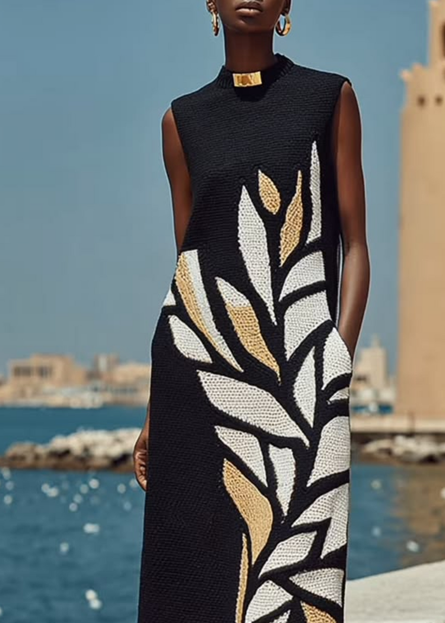 black-sleeveless-midi-dress-with-print