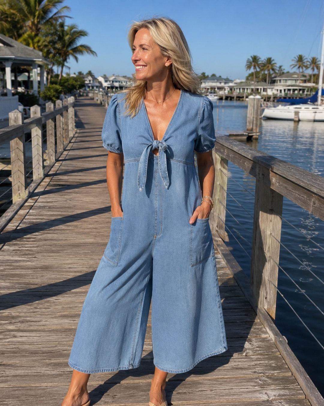 ROWANVALE TIE-FRONT DENIM JUMPSUIT