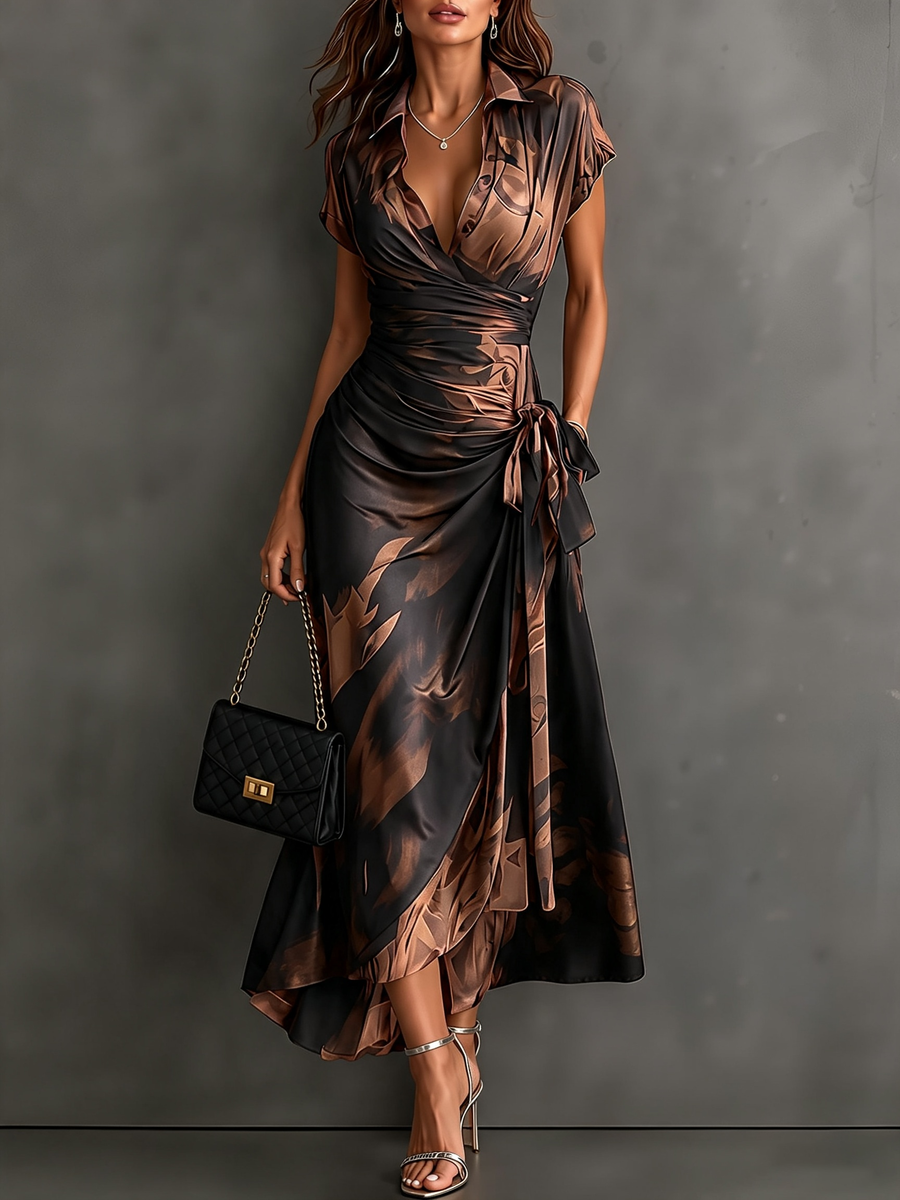 Francesca | Brown Midi Wrap Dress in Abstract Print