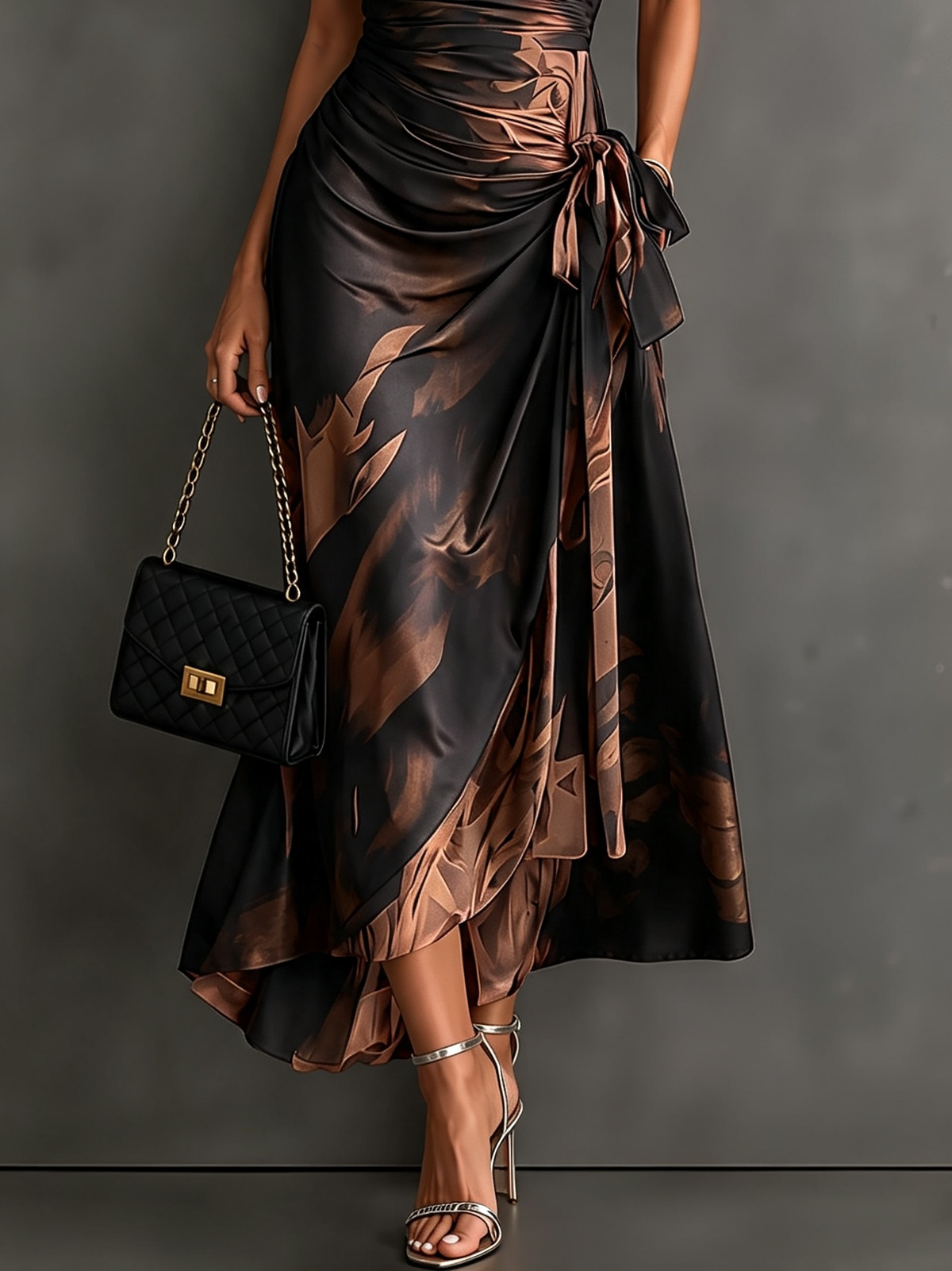 Red and Black Abstract Print Wrap Midi Dress, V-Neck Collared, Short Sleeve, Tie Waist, Asymmetrical Hem with Ruffles