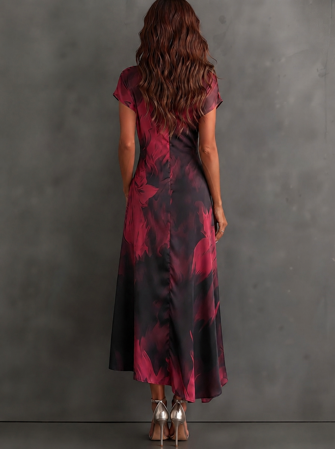Red and Black Abstract Print Wrap Midi Dress, V-Neck Collared, Short Sleeve, Tie Waist, Asymmetrical Hem with Ruffles