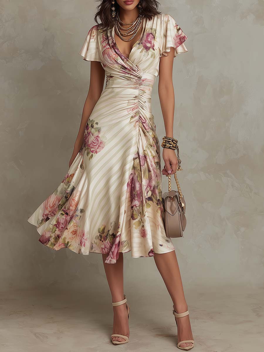 Margaret™ | Vintage Floral Satin Midi Dress