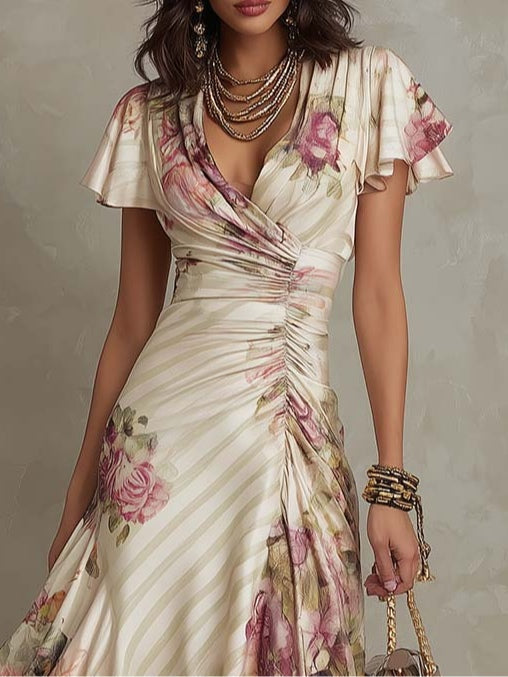 Margaret™ | Vintage Floral Satin Midi Dress