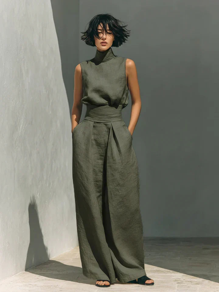 Sleeveless Blouse and Wide-Leg Trousers Set