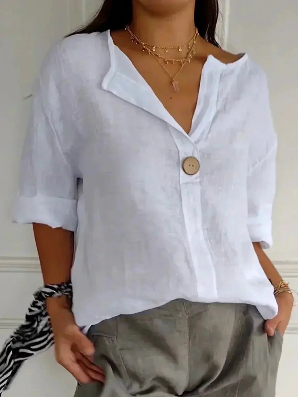 Linen Blouse with V-Neck and Roll Tab Sleeves