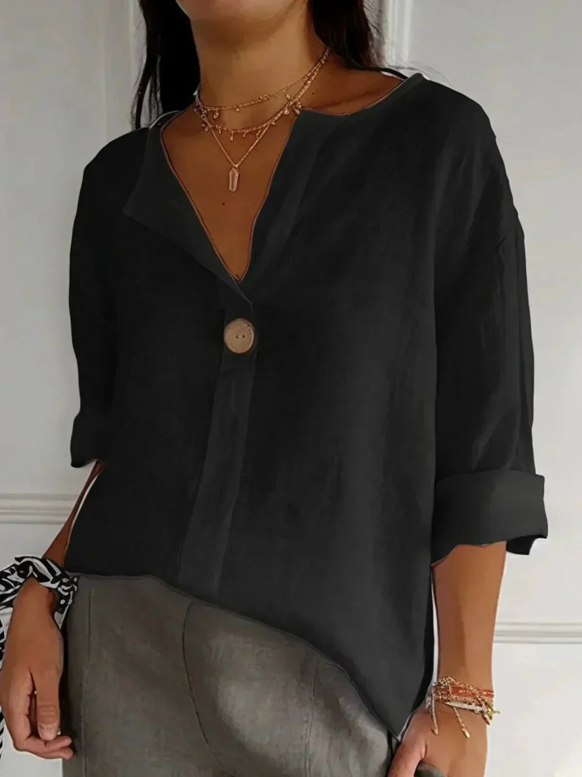 Linen Blouse with V-Neck and Roll Tab Sleeves