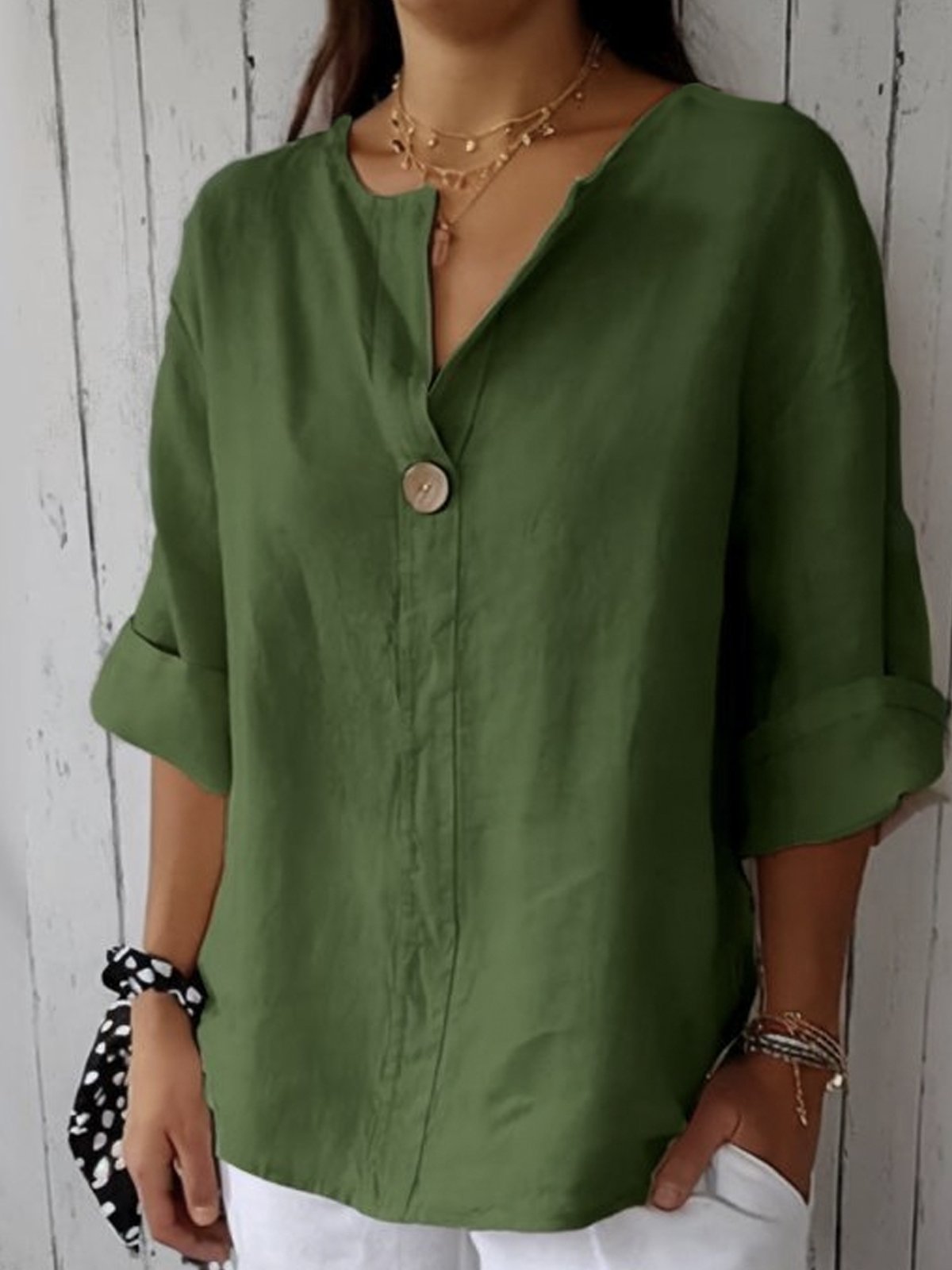 Linen Blouse with V-Neck and Roll Tab Sleeves