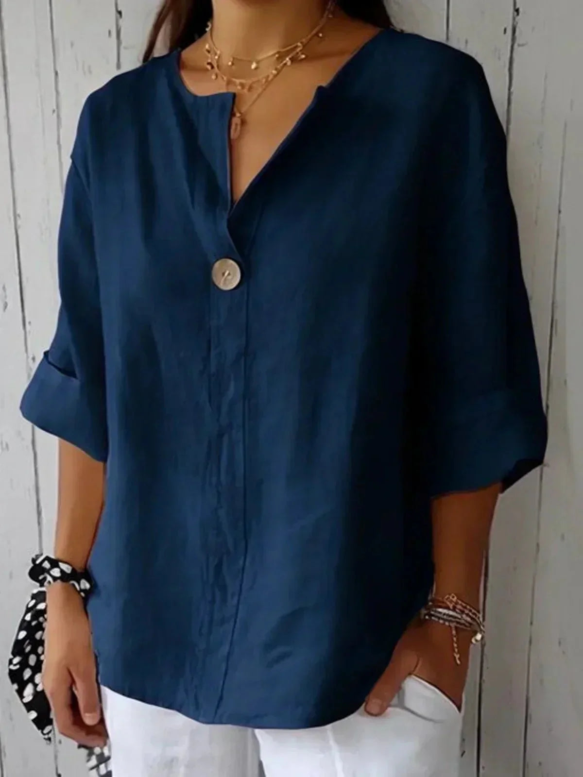Linen Blouse with V-Neck and Roll Tab Sleeves