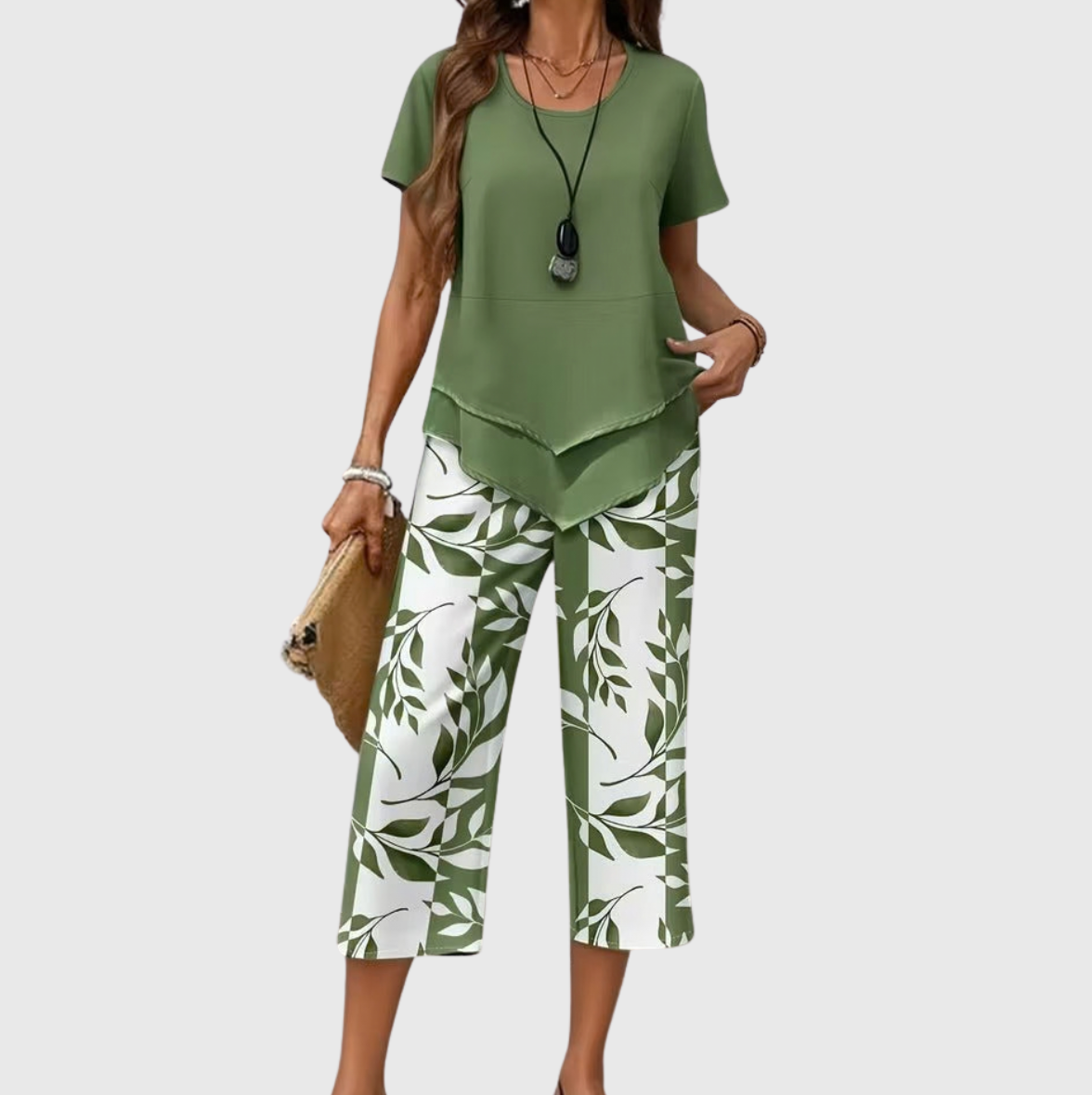 Leaf Print Two-Piece Pants Set
