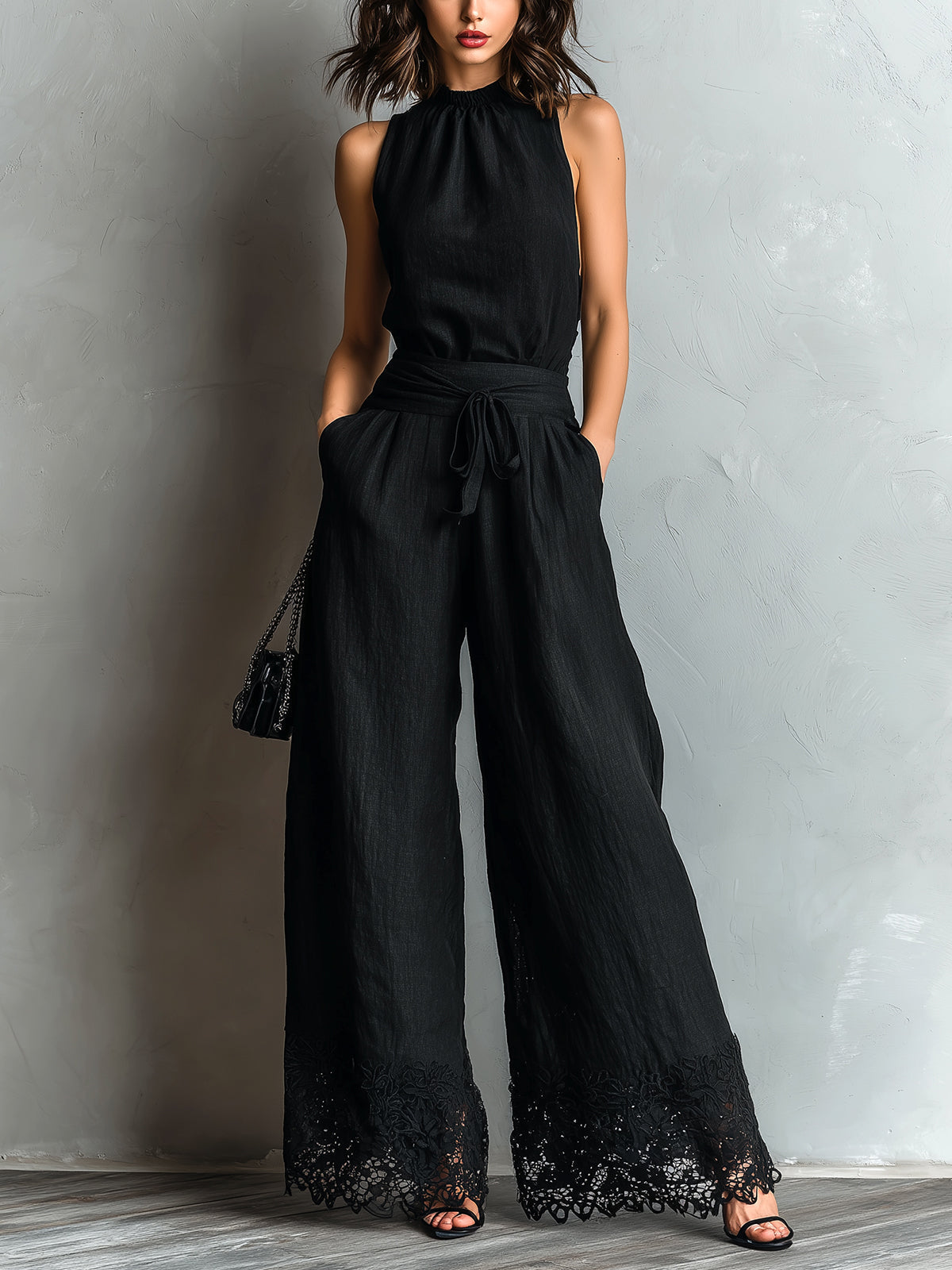 Black Lace-trimmed Wide-leg Pants Set