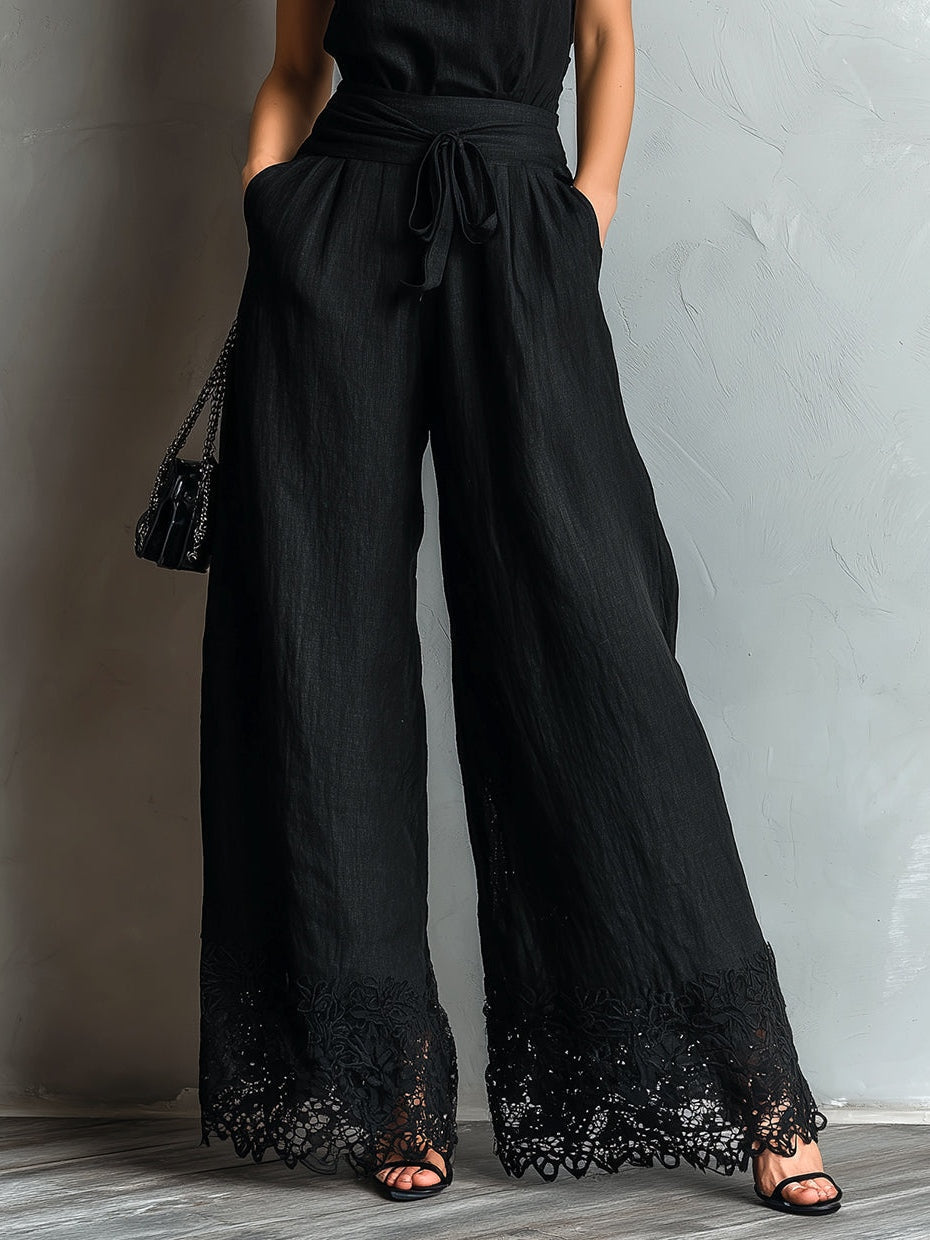 Black Lace-trimmed Wide-leg Pants Set