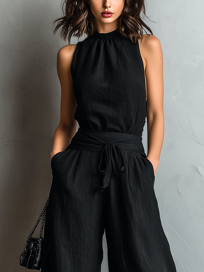 Black Lace-trimmed Wide-leg Pants Set