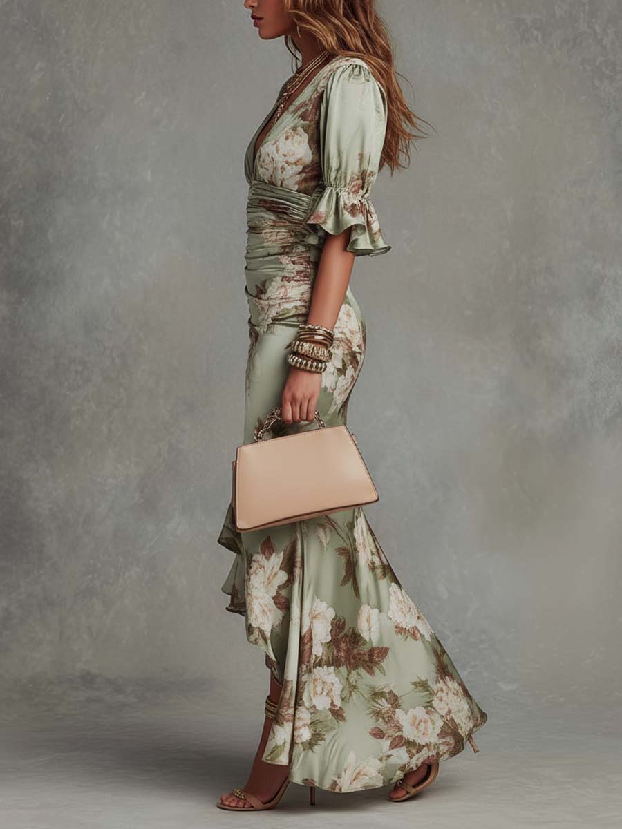 Sage | Bell Sleeve Satin Maxi
