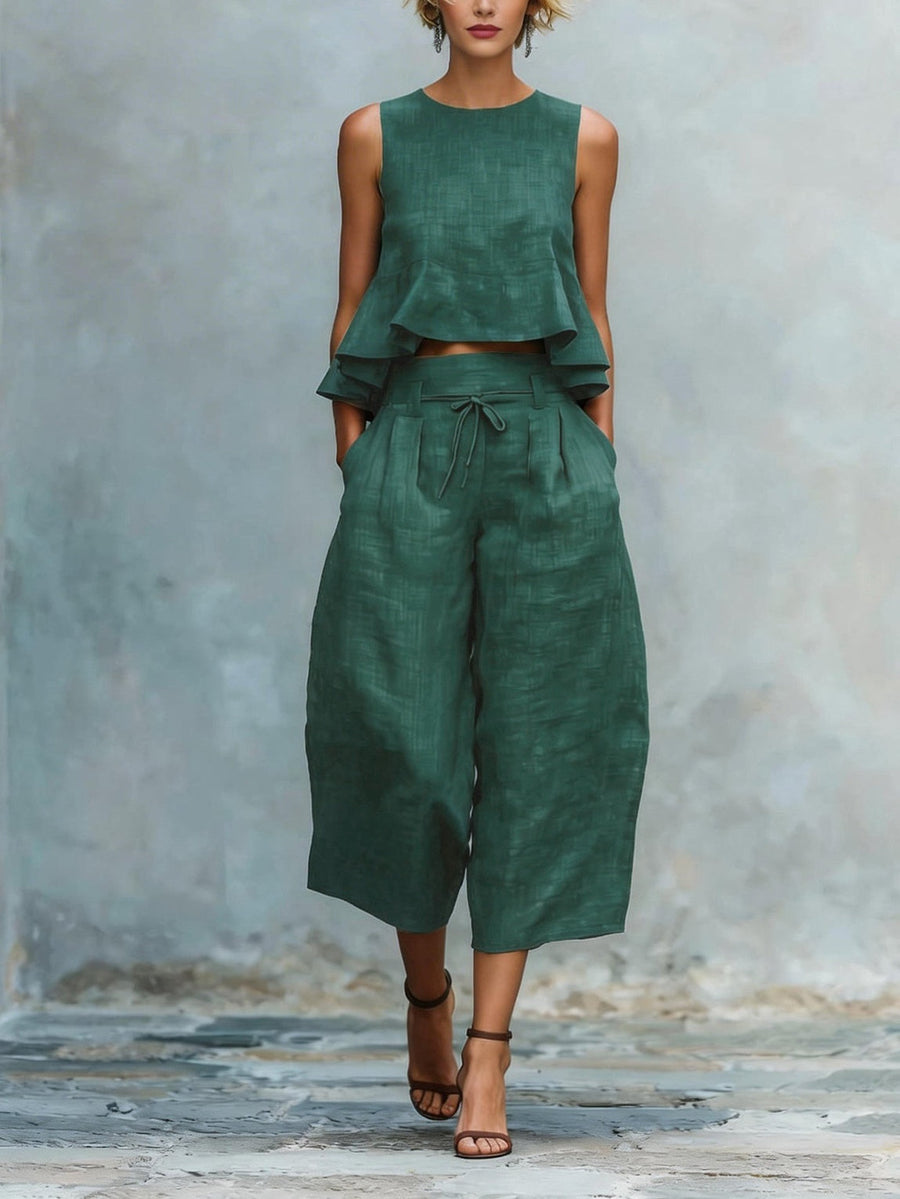 Ruffled Wide-leg Capri Pants Set