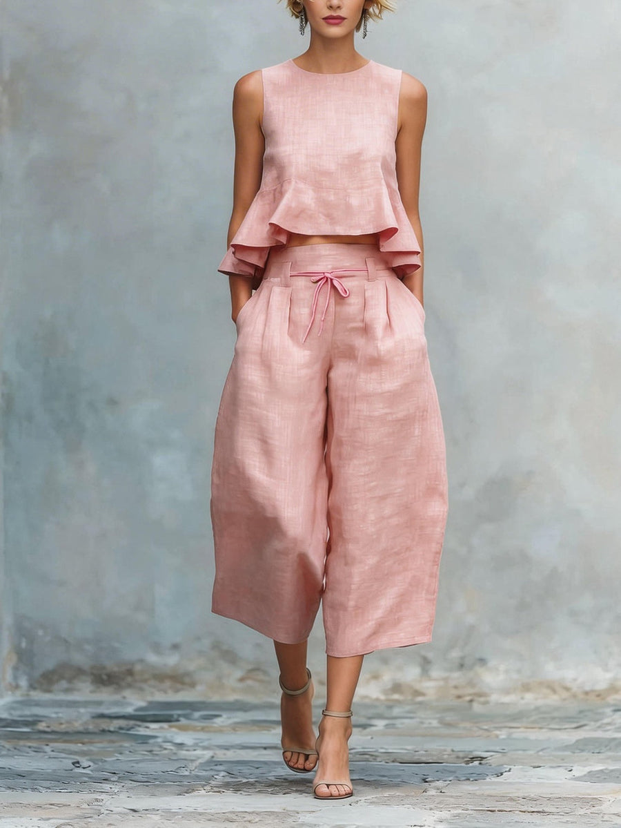 Ruffled Wide-leg Capri Pants Set