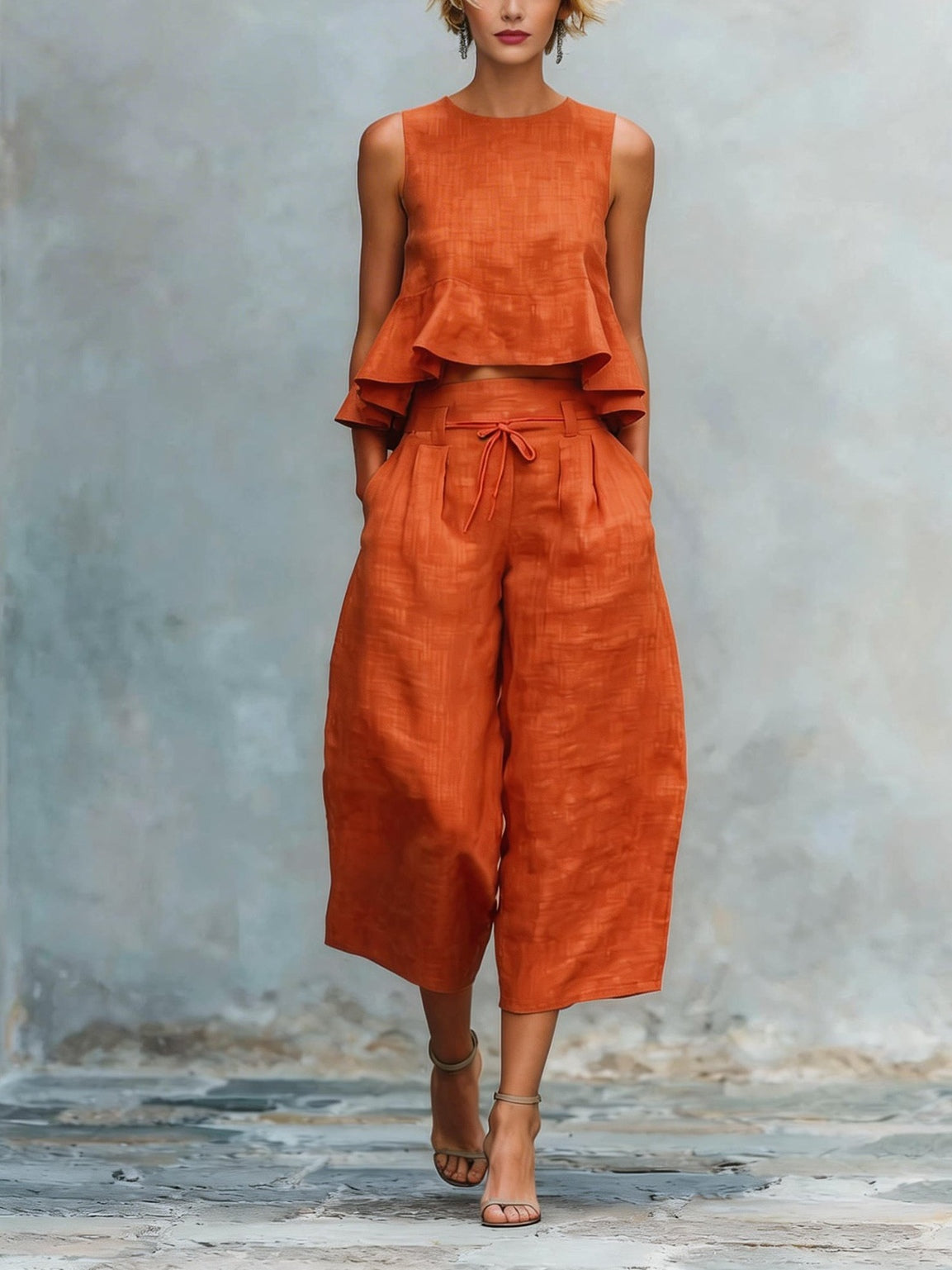 Ruffled Wide-leg Capri Pants Set