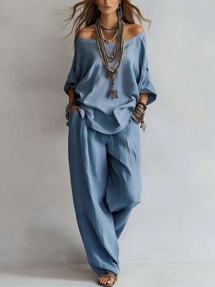 Off-shoulder Top And Wide-leg Pants Set