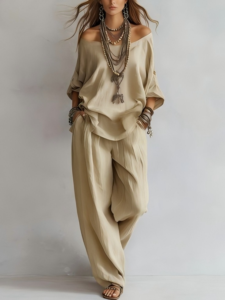 Off-shoulder Top And Wide-leg Pants Set