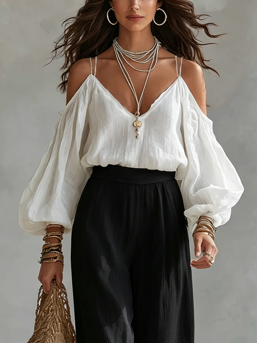 Off-the-shoulder Contrast Wide-leg Pants Set