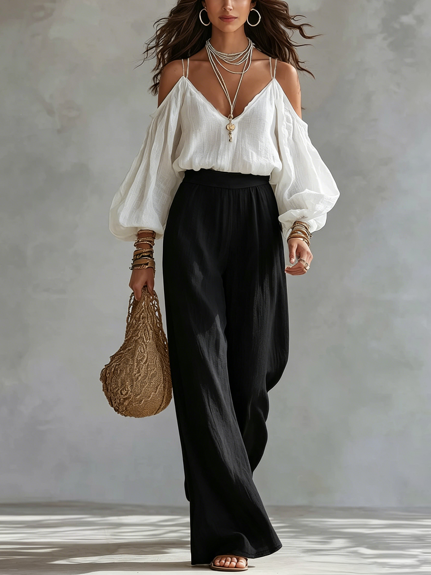 Off-the-shoulder Contrast Wide-leg Pants Set