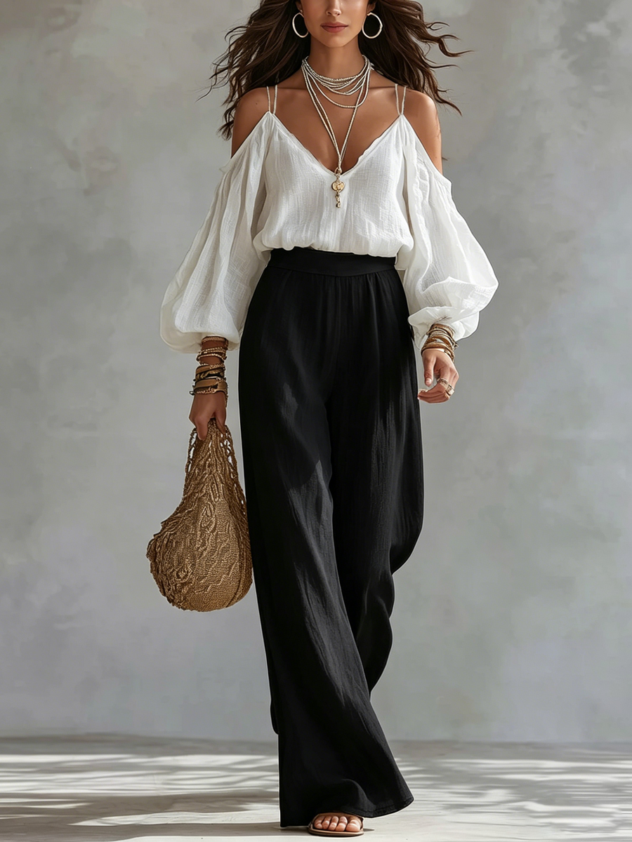 Off-the-shoulder Contrast Wide-leg Pants Set