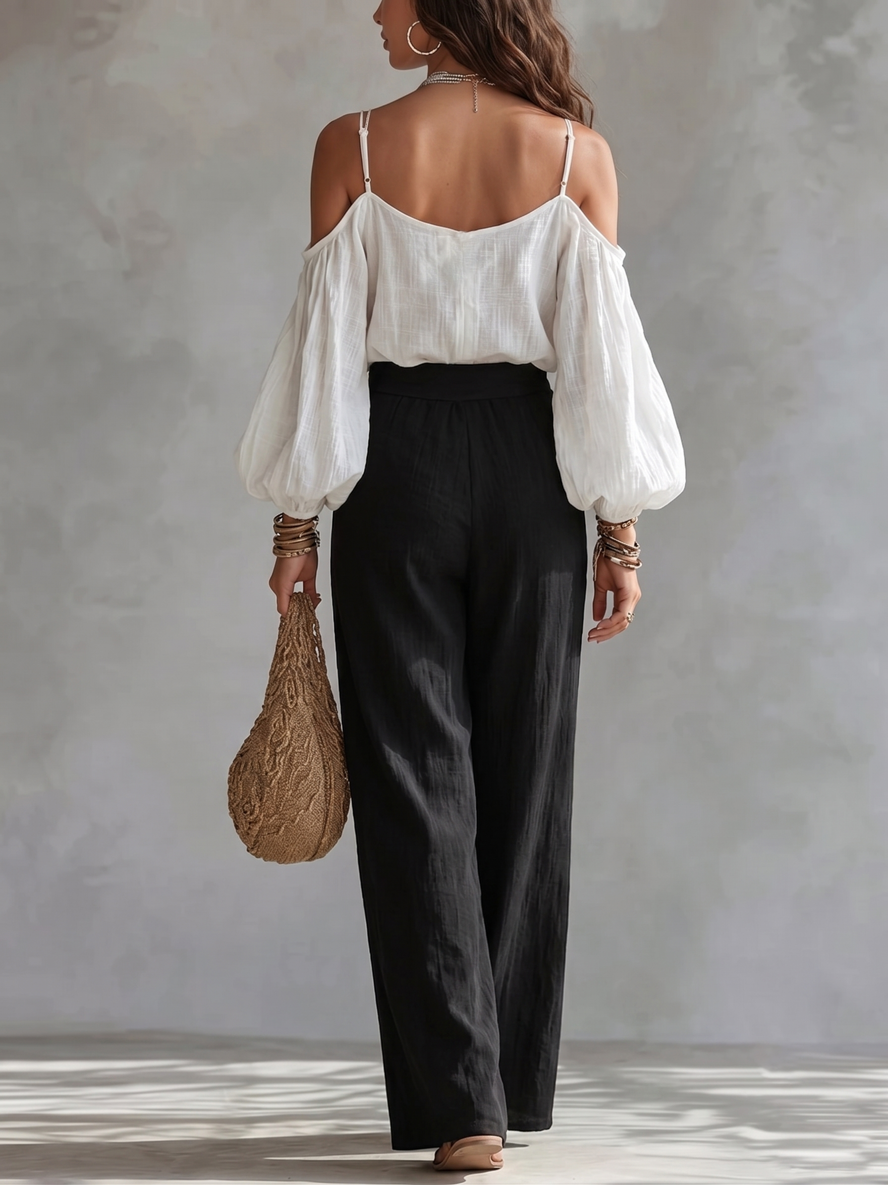 Off-the-shoulder Contrast Wide-leg Pants Set