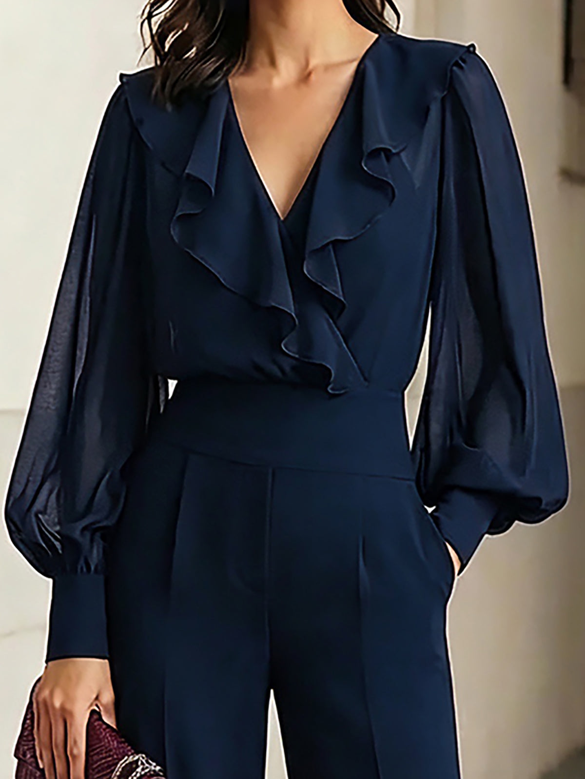 Ruffled Chiffon Top And Wide-leg Pants Set