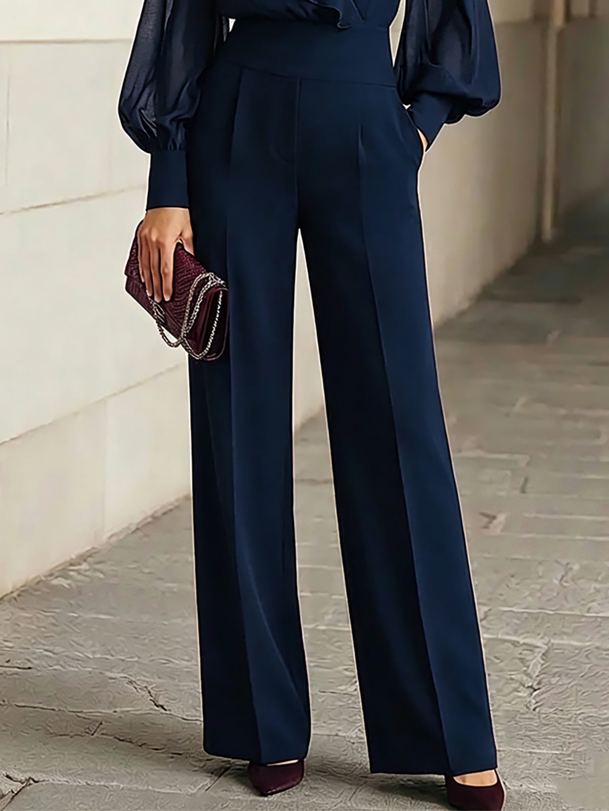 Ruffled Chiffon Top And Wide-leg Pants Set