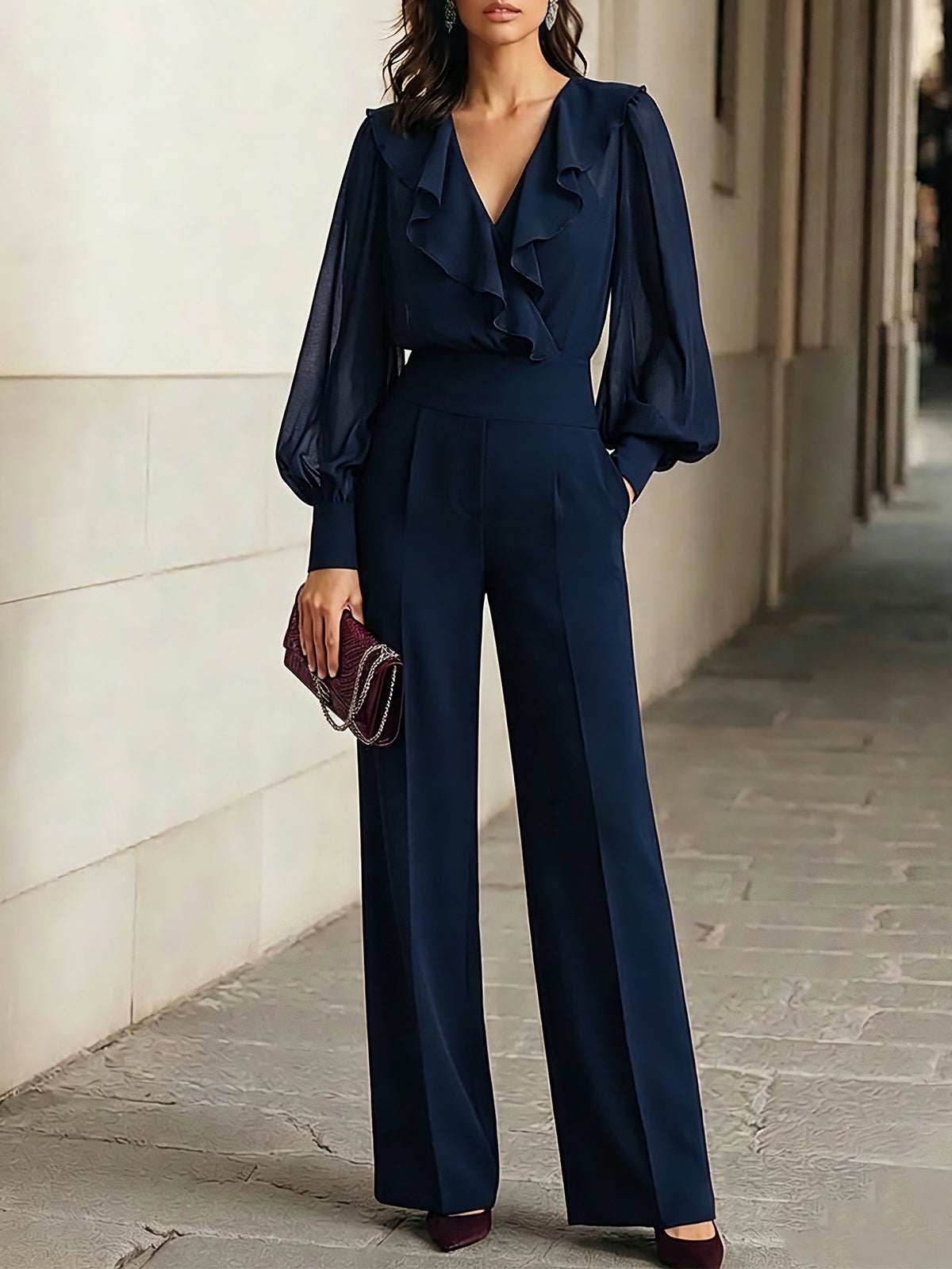 Ruffled Chiffon Top And Wide-leg Pants Set